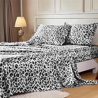 MR&HM Satin Sheets with Elastic Corner Straps, Queen Size Sheets Set, 4 Pcs Silky Bedding Set with 15 Inches Deep Pocket for Mattress (Queen, White Leopard)