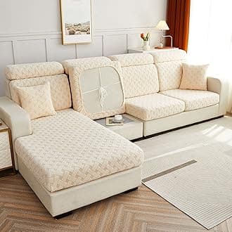 Jacquard Sofa Cushion Cover Couch Seat Covers Sofa Seat Cushion Slipcovers Sofa Cover, Plush Winter Warm High Stretch Fabric Washable Summer Furniture Protector (Beige Yellow,Chaise longue)