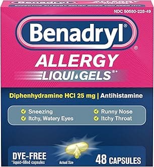 Liqui-Gels Antihistamine Allergy Medicine & Cold Symptom Relief, Dye-Free Liquid Gels with 25 mg of Diphenhydramine HCl for Symptoms Such As, Runny Nose, Sneezing & More, 48 ct