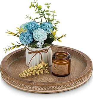 Hanobe Round Wooden Tray Decor: Decorative Candle Plate Holder Tray for Coffee Table - Rustic Farmhouse Table Centerpiece for Home Living Room Kitchen Counter(Brown)