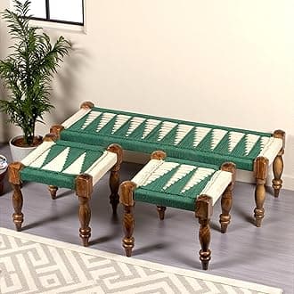 Ikiriya Hamilton Sheesham Wood 2 Seater Maachi Bench Set with 2 Stools for Dining Room Living Room and Home- Green & White Rope Canning (Teak Finish)