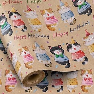 RUSPEPA Birthday Wrapping Paper Roll for Kids - Mini Roll - Adorable Cat Kitten Kitty Gift Wrap Paper, Colorful Kraft Paper for Boys and Girls Birthday, Cat Lovers Celebrations - 43.2cm x 5m
