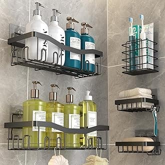 BIRDWING Stainless Steel 5 In 1 Self Adhesive Organizer Combo/Soap Holder With Tooth Brush Holder/Stand For Bathroom Without Drill/Racks And Shelves For Wall/Bathroom Accessories