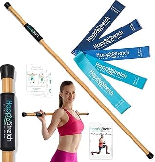 Mobility Stick Stretching, Flexibility and Strength I Bamboo Yoga Stretching Stick 5ft | Resistance Loop Exercise Bands Set of 5 | Workout Guide I Video Library | HappyStretch