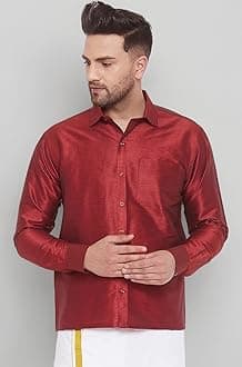 Vastramay Men's Silk Blend Ethnic Shirt | Full Sleeves South Indian Traditional Shirt | Festive, Wedding, Casual Wear