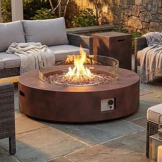 2-Piece Outdoor Propane Firepit Table Set w Tank Table, 42 inch Dark Fire Table Certified, 50,000 BTU w Bronze Round Base,Wind Guard and 16 inches Tank Side Table 20lb for Garden,Pool