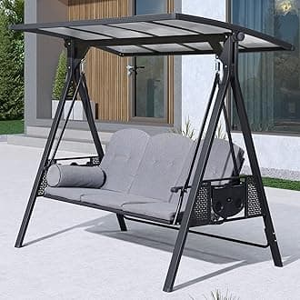 PURPLE LEAF Outdoor Patio Porch Swing with Adjustable PVC Canopy, 3-seat Swing Chair Bench with Side Cup Holder for Backyard Front Porch Lawn, Cushions and Pillow Included, Grey