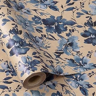 RUSPEPA Blue Floral Gift Wrapping Paper, Watercolor Flower Kraft Paper Roll, Mini Roll Wrapping Paper for Girls, Women, Spring and Birthday, 17 in x 32.8 ft