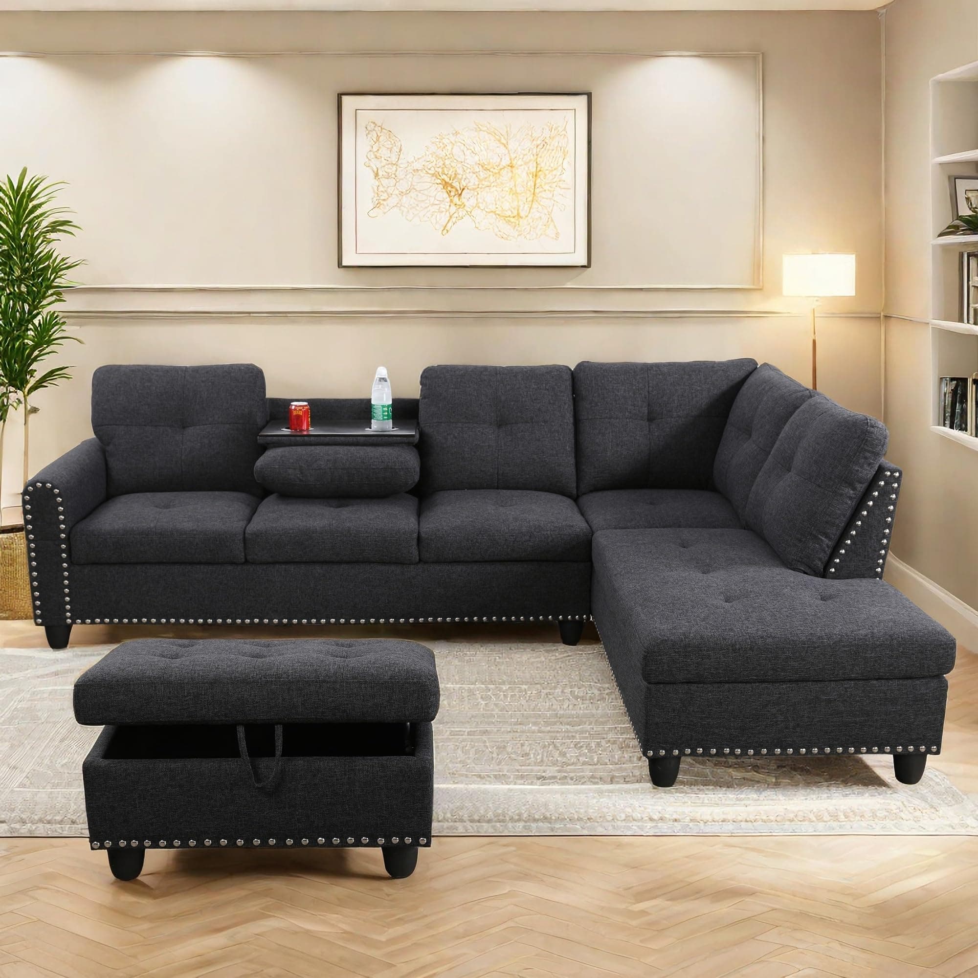 L Shape Sectional Sofas Modular Sofa Modular with Storage Ottoman Nail Head Design Living Room Sofa with Cup Holder Reversible for Living Room Bedroom Grey
