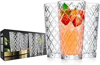 Glaver's Drinking Glasses Set of 4. Tall Highball Glasses. 14oz. Textured Diamond Cut Elegant Drinking Glass Cups- Kitchen Glassware for Water, Iced Tea, Juice, Cocktail.