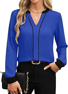 Fayenne Womens Tops Dressy Casual V Neck Color Block Business Casual Blouses Long Sleeve Work Shirts Fall Trendy Clothes