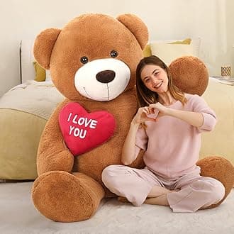 MorisMos 130 cm Teddy Bear Large XXL with Red Heart I Love You Dark Brown Giant Teddy Bear Cuddly Bear Children's Gift