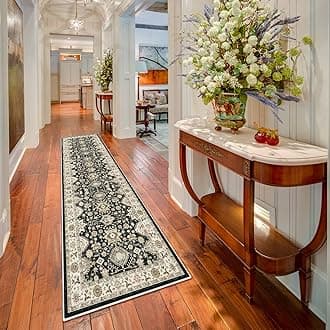 Washable Hallway Runner Rug 2x10: Non Slip Runner Rugs with Rubber Backing Soft Kitchen Rug Farmhouse Distressed Carpet for Living Room Bedroom Bathroom (Black, 2X10)