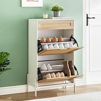 Natural Rattan 2 Flip Down with 1 Drawer Free-Standing Shoe Rack, Shoe Cabinet Wood Organizer Freestanding with 3-Tier Adjustable Shelves for Entryway Hallway Doorway (White)