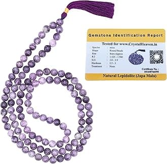 Certified Lepidolite Crystal Japa Mala Saadi - 108 Beads Buddhist Prayer Beads - AAA Grade Original Healing Gemstone Agate Mala for Yoga Meditation Spiritual Reiki Feng Shui