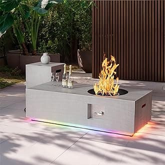 2-Piece 48" LED Rectangular Propane Fire Pit for Outside Patio with Hidden Tank Table, 50,000 BTU Fireplaces with Lid, Glass Rocks, Cover(Light Grey w/RGB Light)