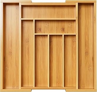 Bamboo Expandable Drawer Organizer for Utensils Holder, Adjustable Cutlery Tray, Wood Drawer Dividers Organizer for Silverware, Flatware, Knives in Kitchen, Bedroom, Living Room(M-N)