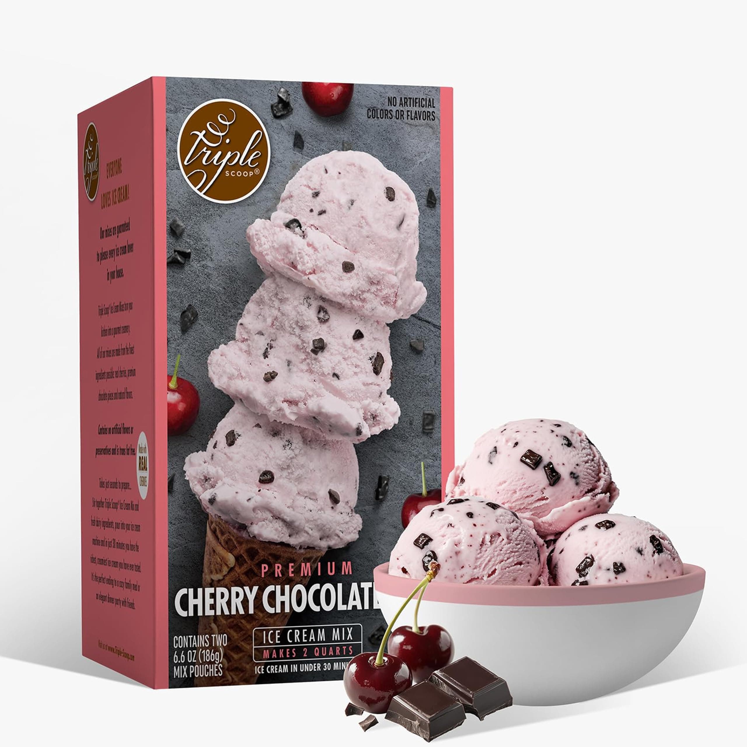 Premium Cherry Choc Chip Ice Cream Mix For Ice Cream Maker. Simple, Easy, Delicious. From Gourmet Mix To Maker in 5 Min, Makes 2 Creamy Qrts, Made in USA (1 Pack, Cherry Choc Chip)