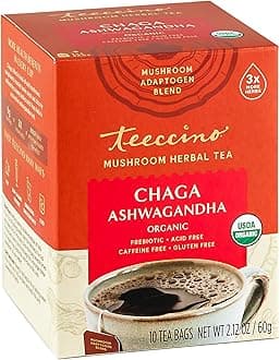 Teeccino Chaga Ashwagandha Tea - Butterscotch Cream - Organic Mushroom Adaptogenic Herbal Tea, 3x More Herbs than Regular Tea Bags, Prebiotic, Caffeine Free, Gluten Free - 10 Tea Bags