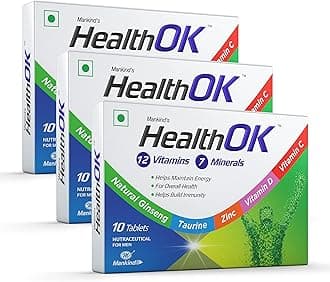 Health Ok Mankind's Health OK Multivitamin with Natural Ginseng & Taurine Power; Lemon Flavour, 100% Vegetarian (3 x 10 tablets)
