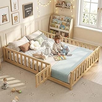 Full Size Floor Bed with Fence and Slats for Kids, Wooden Montessori Bed with Door and Safety Guardrails for Kids, Boys Girls, No Box Spring Needed, Natural