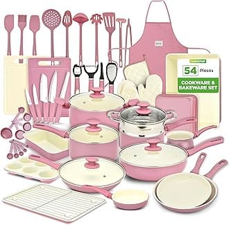Pots and Pans Set, Non-Stick Cookware Set 54-Piece, Nonstick Multi-Sized Pot and Pan Sets with Lids, Kitchen, Bakeware, Induction Compatible, PFOA-Free, Pink