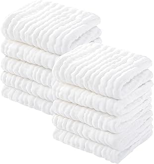 Yoofoss Muslin Baby Washcloths 100% Cotton Face Towels 10 Pack Wash Cloths for Baby 12x12in Soft and Absorbent Baby Wipes (White)