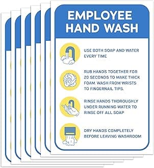 6pcs Employee Hand Wash Sign Stickers | Handwashing Guide Safety Signs for Workplace, Restaurant and Business Restrooms