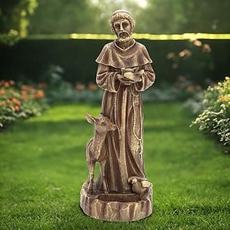 LuxenHome 25'' Saint Francis Garden Statue, Religious Garden Sculpture, Catholic St. Francis Statue for Patio, Yard, Home, Fiber Stone Decor, Outdoor Sculptures Decorations, Brown