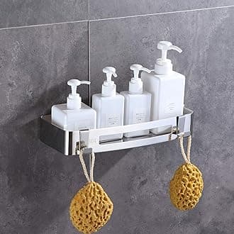 Stainless Steel Bathroom Shelf Wall-Mounted With 2 Hooks Storage Shelf Bathroom Kitchen Sliver Chrome Storage Basket (Square)