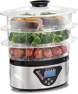 Digital Food Steamer for Quick, Healthy Cooking with Stackable Three-Tier Bowls for Vegetables and Seafood Plus Rice Basket, 8.25 Quart, Black & Stainless Steel