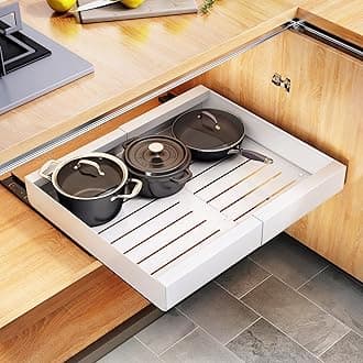 Pull out Cabinet Organizer, Expandable(11.7"-19.7") Heavy Duty Slide out Drawers Fixed with Adhesive Nano Film for Pots, Roll out Shelf Storage for Kitchen Base Cabinet Organization, Pantry