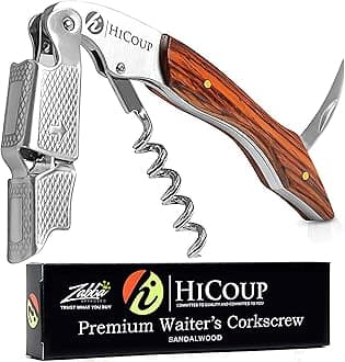 HiCoup Kitchenware Waiters Corkscrew by Professional Grade Natural Sandalwood All-in-one Corkscrew, Bottle Opener and Foil Cutter, The Favoured Choice of Sommeliers, Waiters and Bartenders