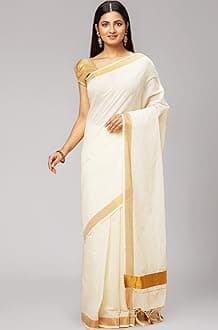 manvish drapes Solid/Plain Kasavu Pure Cotton Saree with Tassels