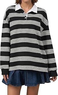 Meladyan Rugby Shirt Women Polo Striped Sweatshirt Oversized Long Sleeve Lapel V Neck Pullover Top Y2K Streetwear Blouses