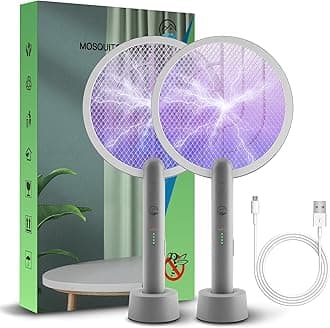 Electric Fly Swatter Racket, Mosiller 4000V 2 in 1 Bug Zapper with USB Rechargeable Base, Powerful Mosquitoes Trap Lamp & Fly Killer with 3-Layer Safety Mesh for Home, Indoor, Bedroom(Grey-1 Pack)