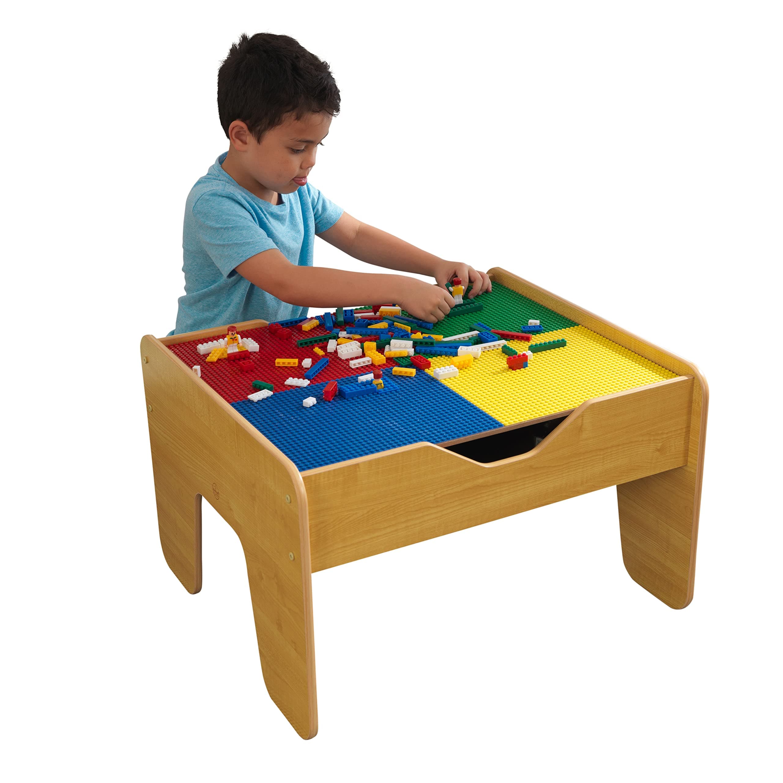 2-in-1 Reversible Top Activity Table with 200 Building Bricks and 30-Piece Wooden Train Set, Natural, Gift for Ages 3+