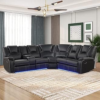 Modern Faux Leather Manual Reclining Sofa Couch with Center Console,LED Light Strip,Living Room Furniture Set,Leather Recliner Couch with Cup Holder and Storage for Living Room,Office,Black