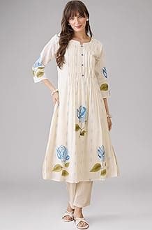 INDO ERA Women Rayon Viscose Floral Embroidered A-Line Kurta With Pant Set/Co-Ord Set