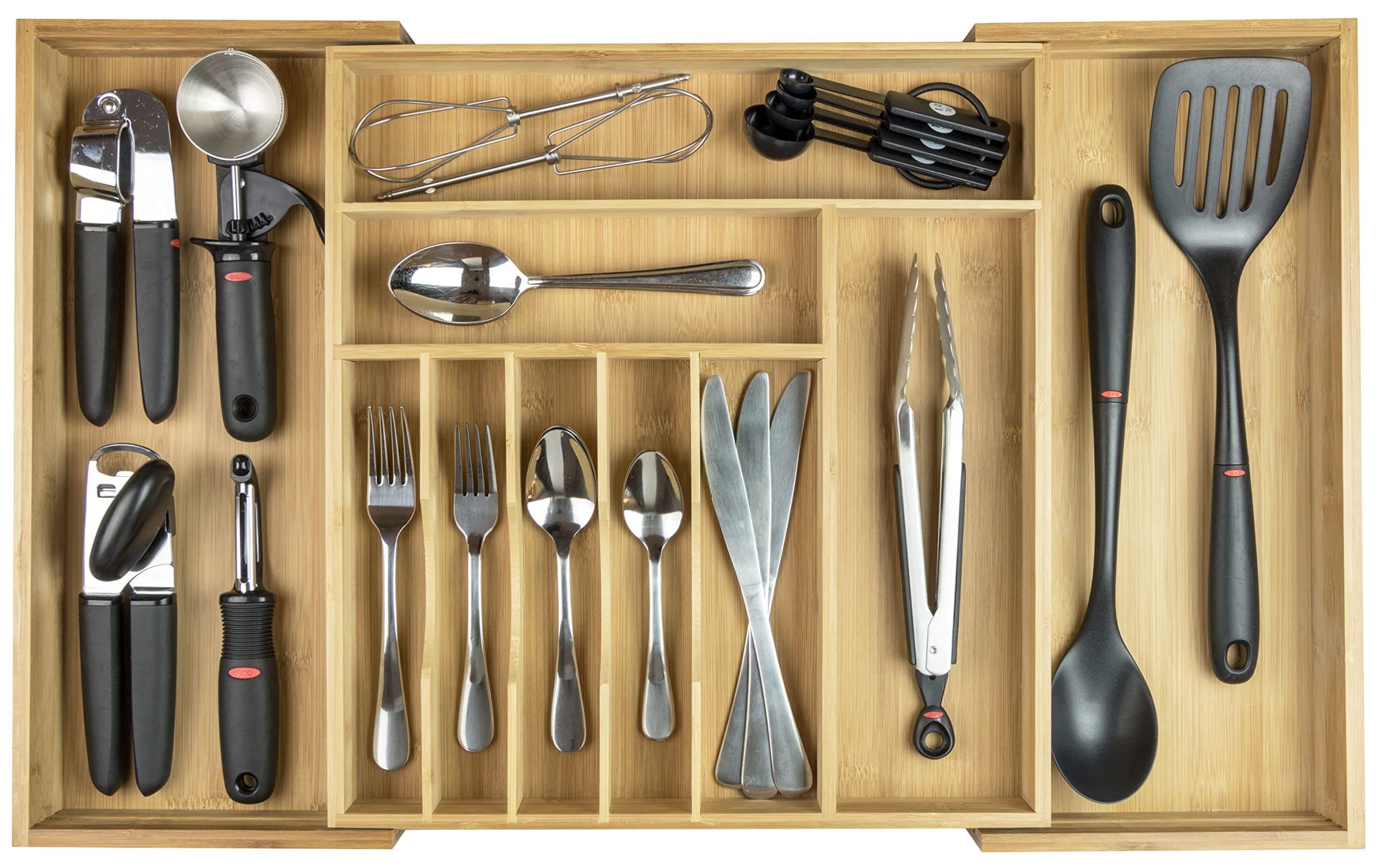 Premium Silverware, Flatware and Utensil Organizer for Kitchen Drawers, Food-Safe Contract Grade, Expandable from 16 to 28 In, Natural Bamboo