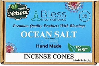 Bless International Ocean-Salt 100%-Natural-Incense-Cones Handmade-Hand-Dipped Organic-Chemicals-Free for-Purification-Relaxation-Positivity-Yoga-Meditation The-Best-scents (60 Count)