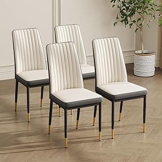White Leather Chair,Modern Dining Chair Set of 4 with Pu Leather and Chrome Leg,Sillas para Comedor with High Back for Dining Room,Kitchen,Living Room(Off White+Grey-4)