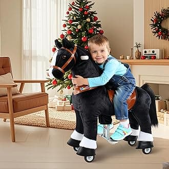 WondeRides Ride on Horse Pony Black Riding Horse Toys Pony Rider Size 4 for Kids Toddlers Age 4-9, 36 inch Height Plush Walking Animal Mechanical Rocking Horse with Wheels No Battery