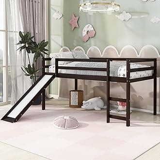 Bellemave Low Loft Bed with Slide,Twin Size Loft Bed Wood Bed for Kids, Wood Low Loft Bed Frame with Ladder & Safety Guard Rail (Espresso)