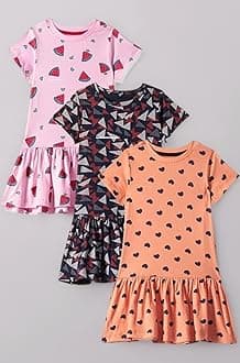 T2F Girls Cotton Printed Knee-Length Casual Dress(Pack of 3)