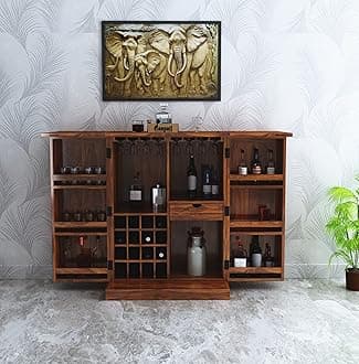 Ganpati Arts Sheesham Wood Bar Cabinet for Home Mini Bar Cabinet Solid Wooden Wine Storage Shelf Rack with Drawer & Glass Holder - (Honey Finish) 1 Year Warranty