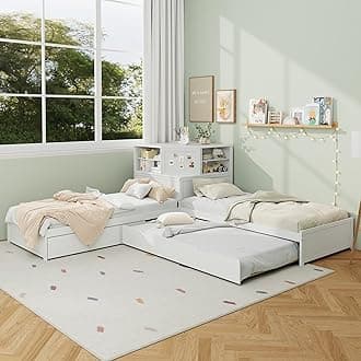 SOFTSEA L-Shaped Twin Size Bed with Trundle and Storage Drawers, 3 in 1 Low Corner Platform Bed Frame with Desk and Shelves for 3 Kids, Wood L-Shaped Bed with Bookcase, Easy Assembly, White