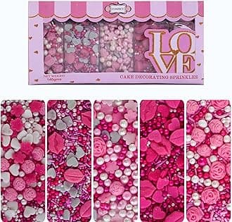 Confect Handcrafted Sprinkles – Pink Roses, Silver Hearts, Vermicelli & White Pearls – Vegan, Gluten-Free, Nut-Free – Cake & Cupcake Toppers for Anniversaries & Events – 5 oz