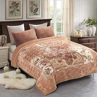 JML 10 Pounds Heavy Plush Soft Blankets for Winter， Korean Style Mink Velvet Fleece Blanket - 2 Ply A&B Printed Raschel Red Blanket, Khaki Floral