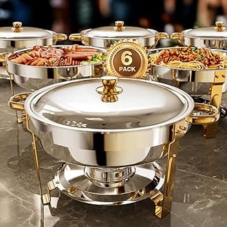 WARMOUNTS Gold & Silver Chafing Dishes for Buffet (5QT, 6 Pack) - Food-Grade Stainless Steel Chafers and Buffet Warmers Sets with Lid Holder, Rolled Edge Design, for Party, Banquet
